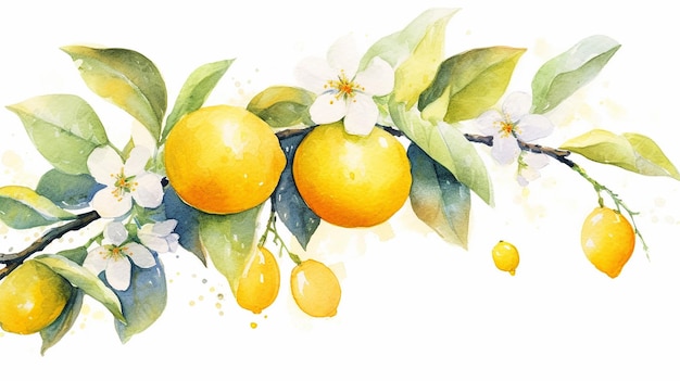 a watercolor painting of a lemon and flowers