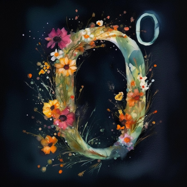 Photo a watercolor painting of a letter o with flowers on it.