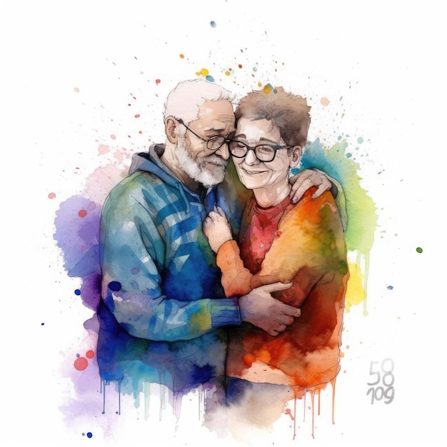 Watercolor painting of an LGBT couple aged fifty