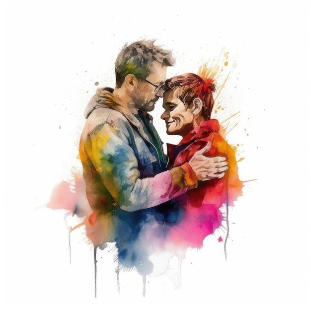 Watercolor painting of an LGBT couple aged fifty