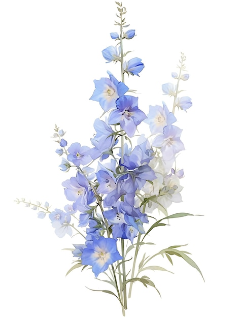 Photo watercolor painting of light blue delphinium flowers