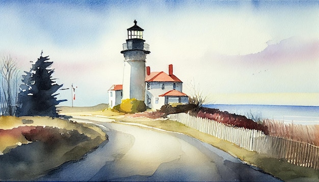 A watercolor painting of a lighthouse in new hampshire.