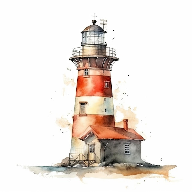 A watercolor painting of a lighthouse with a red and white striped cap.