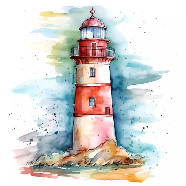 A watercolor painting of a lighthouse