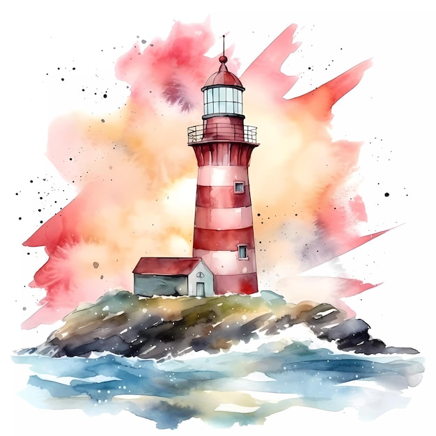 A watercolor painting of a lighthouse