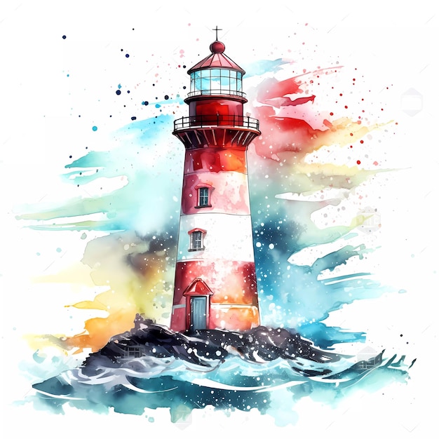 A watercolor painting of a lighthouse