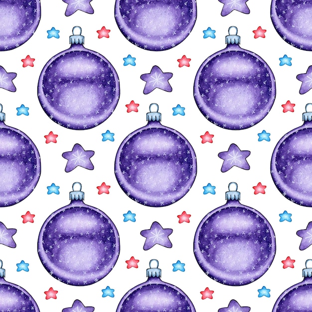 Watercolor painting of lilac Christmas balls and stars Seamless repeating print New Year Christmas