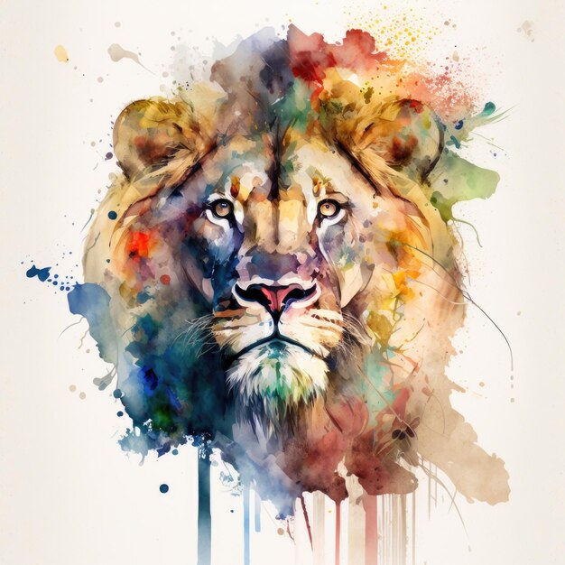 A watercolor painting of a lion's face with a blue background.