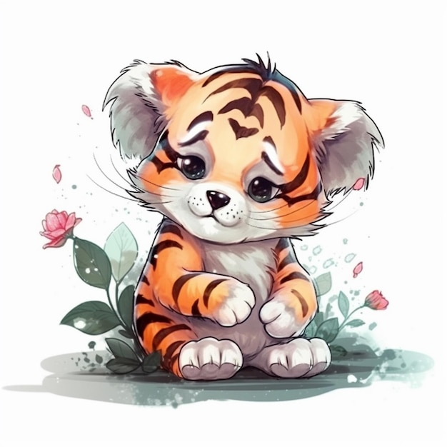 Watercolor painting of Little Tiger Chibi