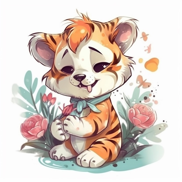 Watercolor painting of Little Tiger Chibi