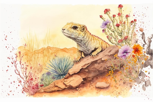 Watercolor painting of a lizard sitting on a rock generative ai