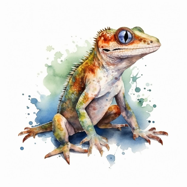 A watercolor painting of a lizard with a blue eye.