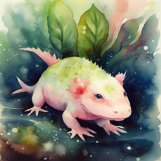 A watercolor painting of a lizard with green eyes and a green head.