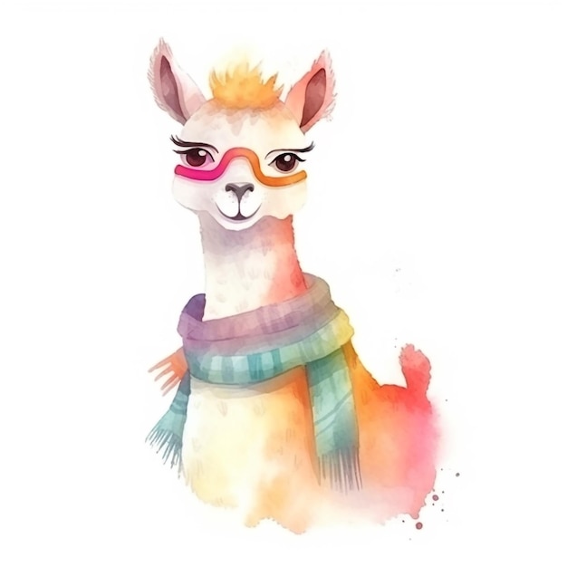 A watercolor painting of a llama with a scarf and glasses.