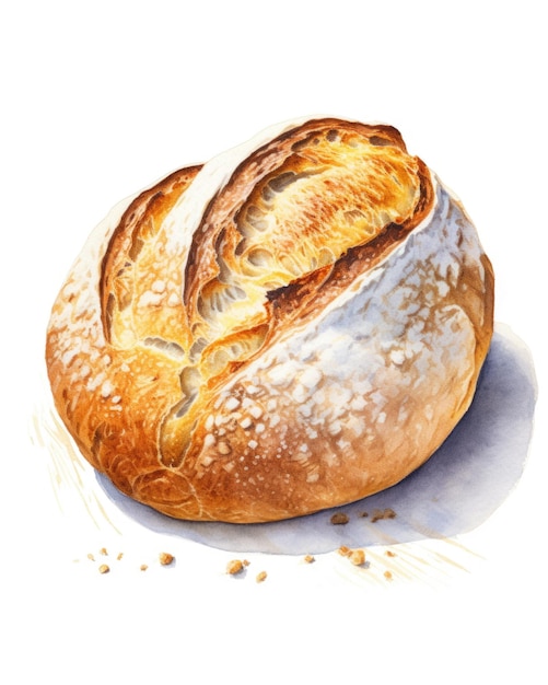 A watercolor painting of a loaf of bread and bread Slices