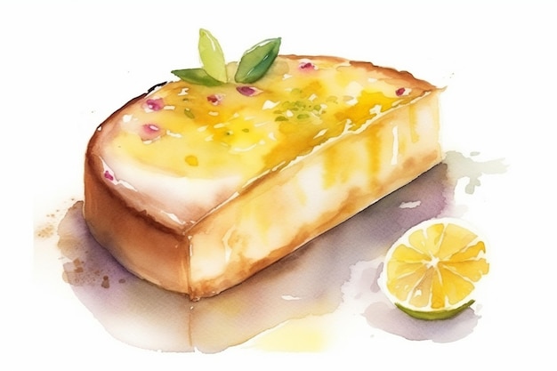 A watercolor painting of a loaf of bread with a lemon on the top.