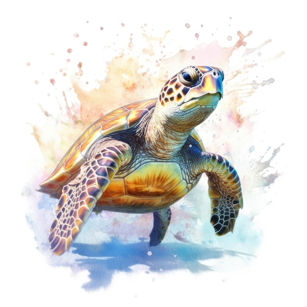 Watercolor painting of loggerhead turtle with white background