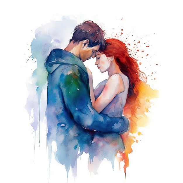 Watercolor painting of lovers in their 20s