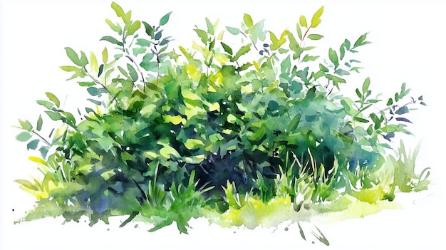 Photo watercolor painting of a lush green bush with leaves and blades of grass