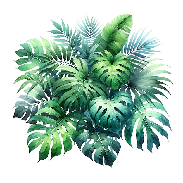 watercolor painting of lush green tropical leaves