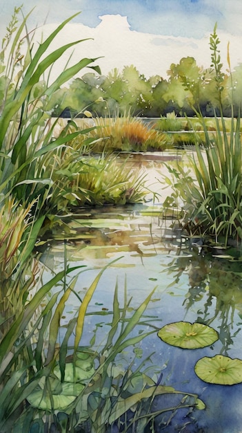 Watercolor painting A lush tapestry of wetland vegetation featuring a variety of grasses sedges