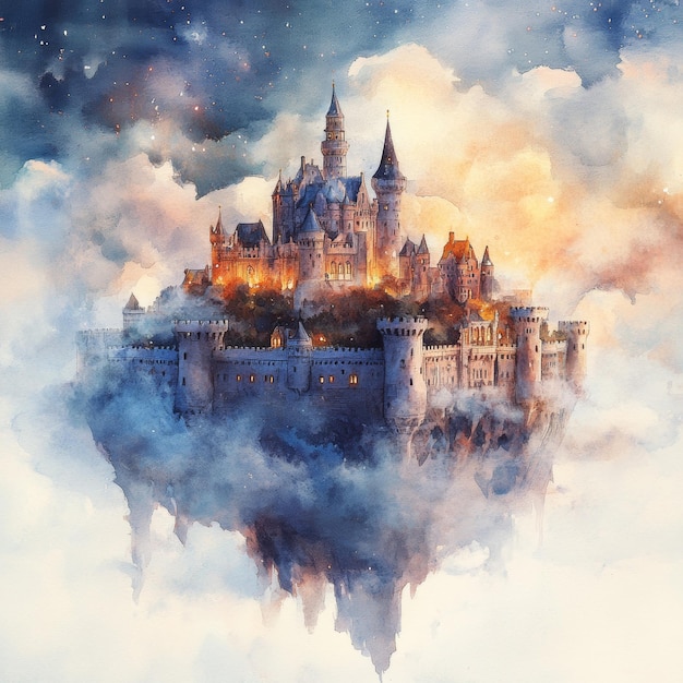 Photo watercolor painting of a magical castle floating in the clouds