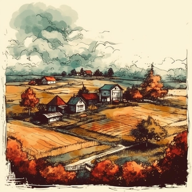 Watercolor painting of a magnificent village