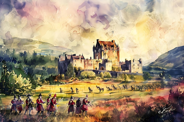 Watercolor Painting of a Majestic Castle with Soldiers in the Foreground