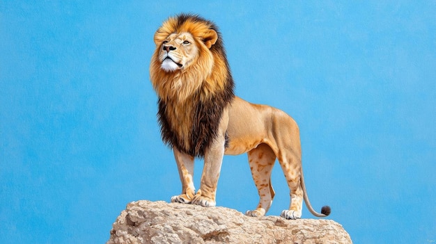 Photo watercolor painting of a majestic lion standing on a rocky outcrop surveying its surroundings