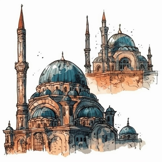 Watercolor painting of a majestic mosque