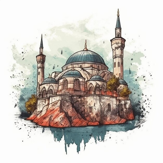 Watercolor painting of a majestic mosque