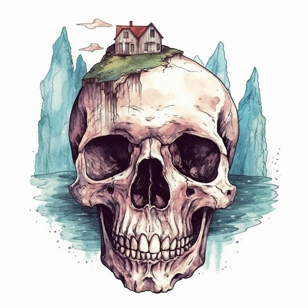 Watercolor painting of a majestic skullshaped house