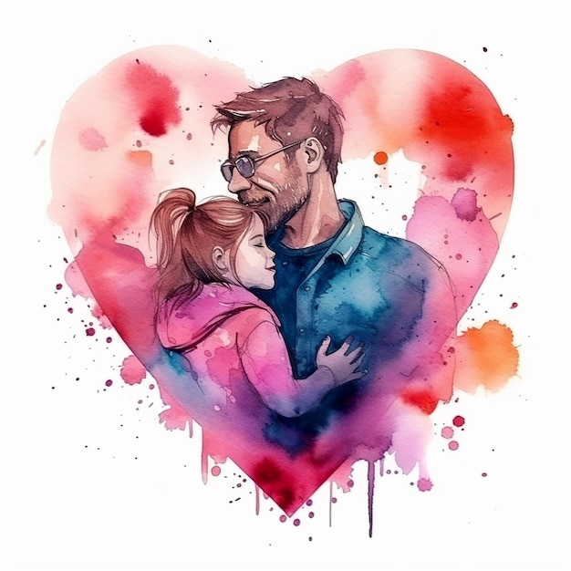 A watercolor painting of a man and a girl hugging each other to Fathers day poster