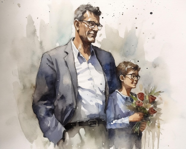 Watercolor painting of a man and his son