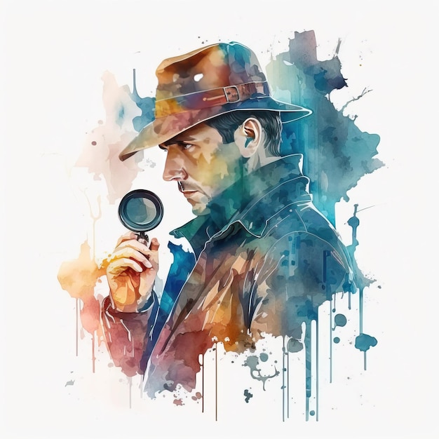 A watercolor painting of a man holding a magnifying glass.