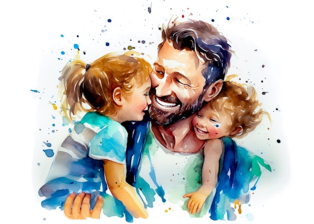 Watercolor painting of man holding two little girls in his arms