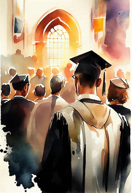 A watercolor painting of a man wearing a graduation cap and gown