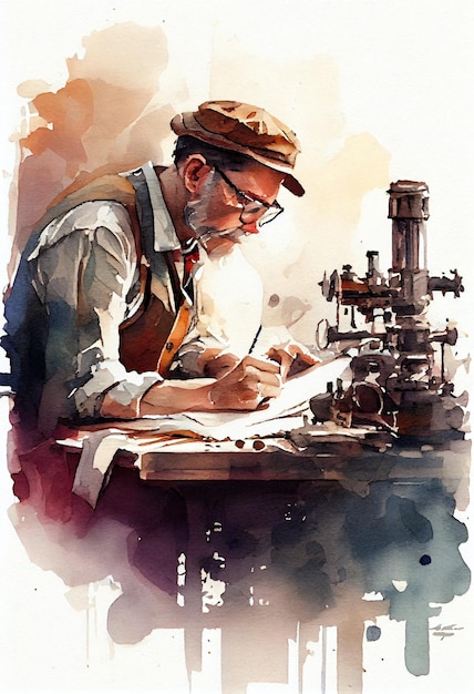 A watercolor painting of a man writing on a piece of paper.