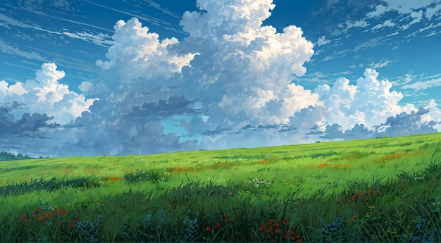 Watercolor painting of a meadow field with clouds and a blue sky background