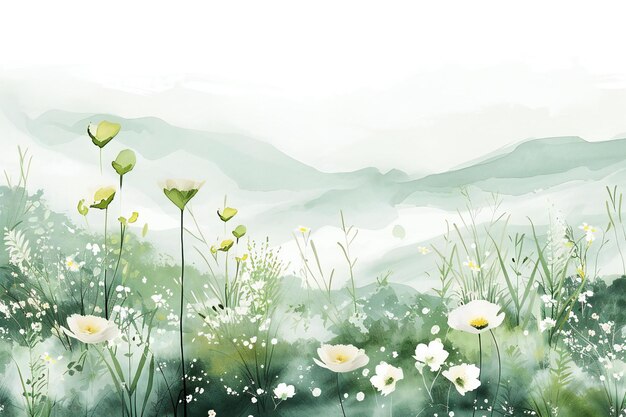 Photo watercolor painting of meadow with flowers and mountains