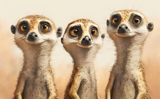 A watercolor painting of meerkats sitting in a row. watercolor cartoon style ai generated