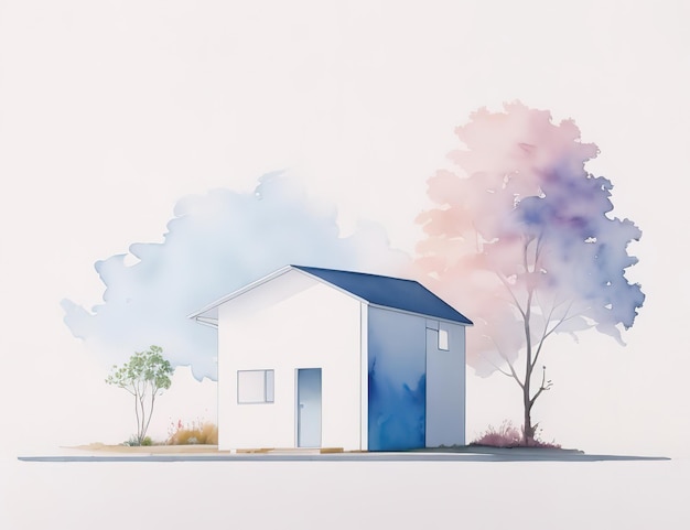 Watercolor painting of a minimalist house with a gradient abstact watercolor background