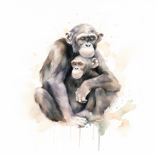 A watercolor painting of a monkey and her cub