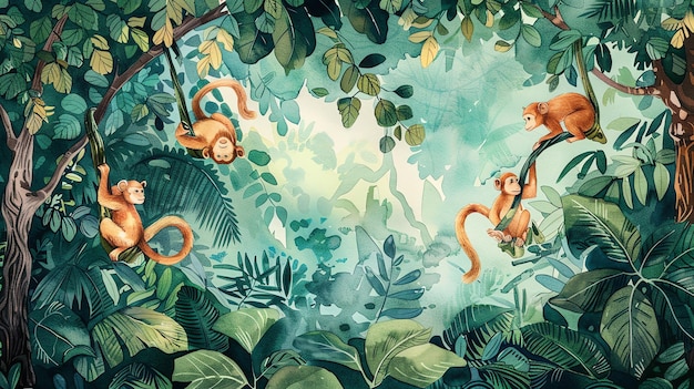 A watercolor painting of monkeys swinging in a jungle