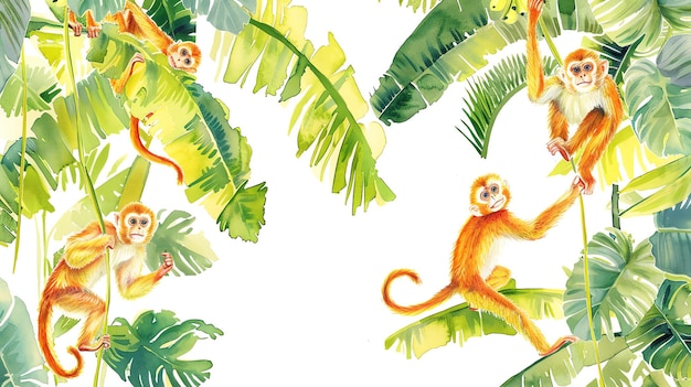 Watercolor painting of monkeys swinging in tropical leaves