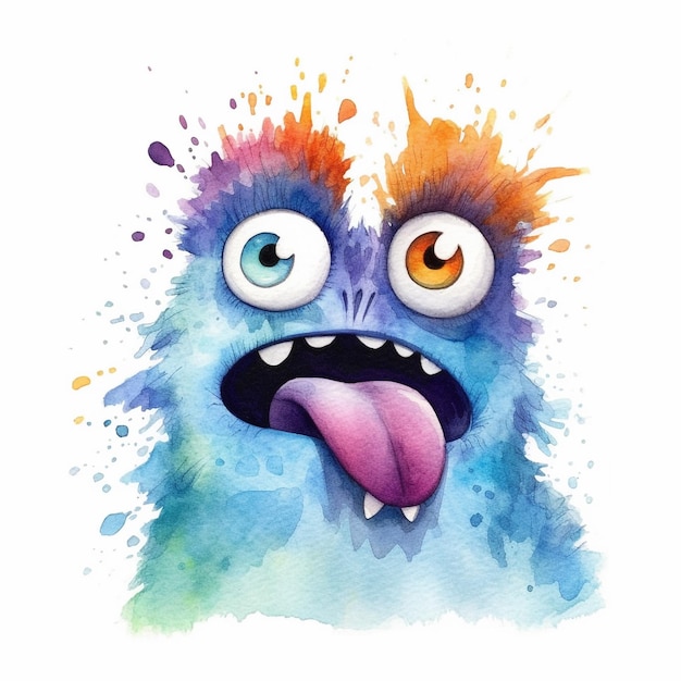 A watercolor painting of a monster with a blue eye and a yellow tongue sticking out.