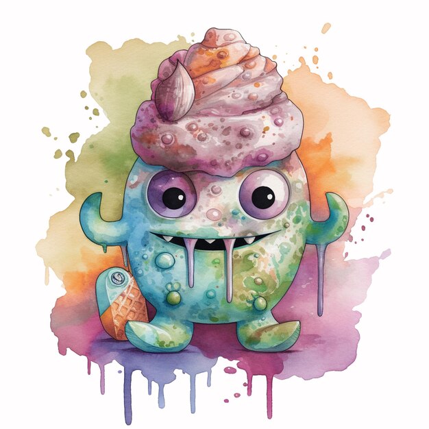 Photo a watercolor painting of a monster with a pink ice cream cone