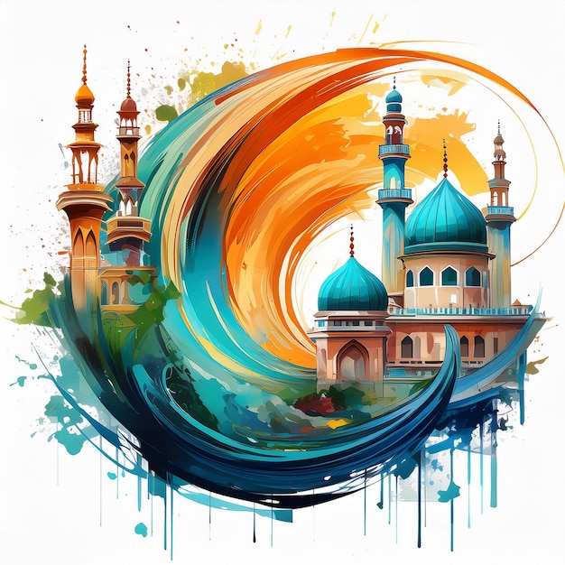 Photo a watercolor painting of a mosque with a colorful background