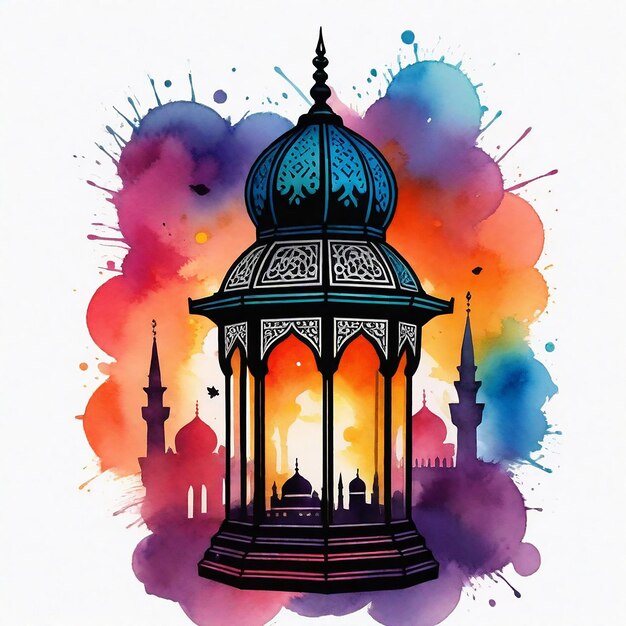 a watercolor painting of a mosque with a colorful background