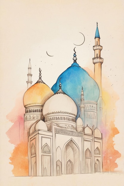 a watercolor painting of a mosque with a moon and a moon in the background